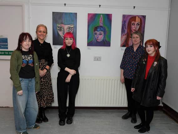 Pictured at the launch of the International Women’s Day 2024 Art Exhibition, held in Eden Place Arts at Pilot's Row, are, from left, Leona McLaughlin artist, Miss Catherine McGlinchey, Head of Art, St Cecilia’s College, Amber McLaughlin, artist, Judi Logue, Co-ordinator, Eden Arts Place and Colleen McSheffrey, artist. Photo: George Sweeney