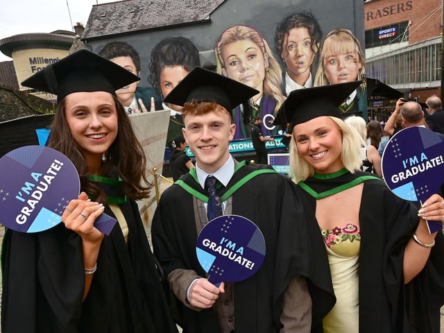 Smiles all around! Graduating in BSc (Hons) Radiotherapy and Oncology from Ulster University Derry is Lara Hamilton from Dromore, Mark Sproule from Donegal, Ruby Halliday and Portadown.