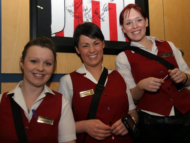 Staff members Siobhan, Karen and Nicola take time out to smile for the camera at the Lifford Stadium 0070JML : Parties and celebrations across Derry in May 2006.