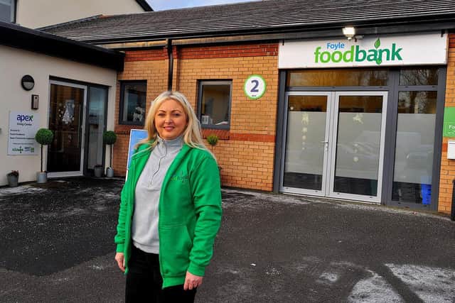Karen Mullan, Strategic Development Officer, pictured outside the Foyle Foodbank distribution Centre in Springtown Industrial Estate on Wednesday morning. Photo: George Sweeney. DER2250GS – 29