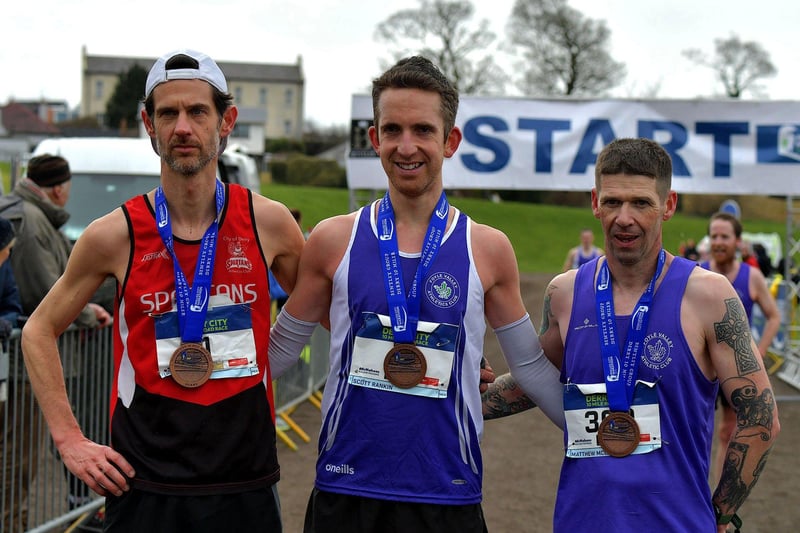 March 2023:  Allan Bogle, City of Derry Spartans, second place, Scott Rankin, Foyle Valley, winner, and Matthew McLaughlin, Foyle Valley, took third place in the Bentley Group Derry 10 Miler road race. Photo: George Sweeney