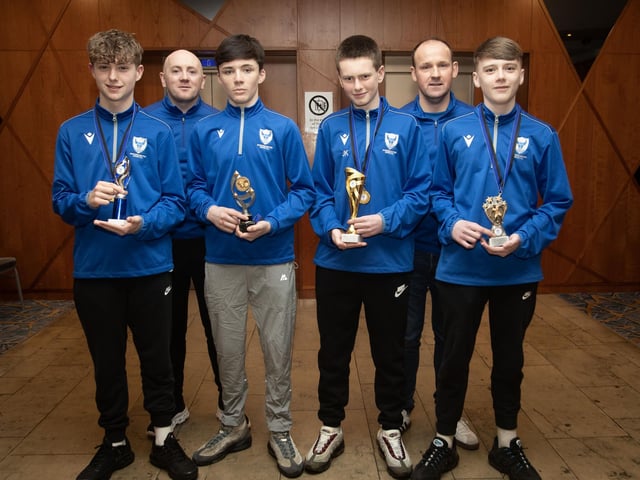 The 2011 main prizewinners pictured with coaches Ruairi Dalzell and Shaun Whoriskey. Front from left, Aaron Reed, Coaches player of the year, Caoimhin McFeely-Kyle, Top goalscorer, Jayden Kavanagh, Players player of the year and James McLaughlin, Coaches player of the year. (Photos: Jim McCafferty Photography)