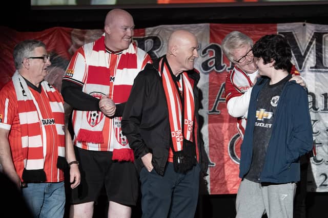 Distinguished actor Pat Lynch leading this scene during Tuesday night's 'City Til I Die' premiere at the Long Tower Youth Club, Derry.