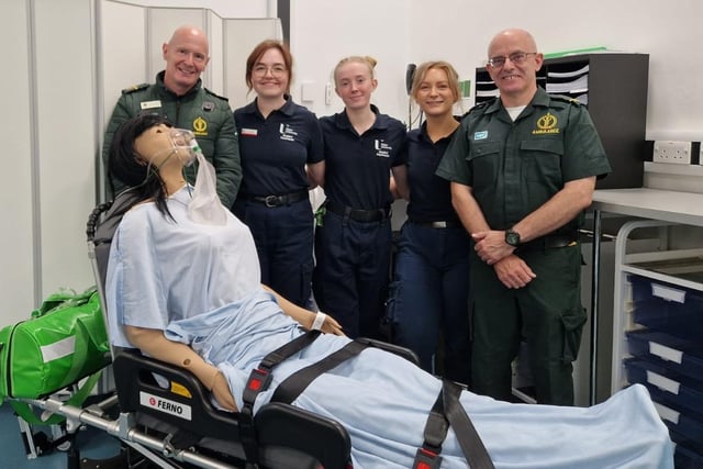 L-R: Gary Jones, Northern Ireland Ambulance Service lead practice educator, with students Katie Durey from Derry, Sarah Graham from Ballyronan, Magherafelt and Megan Hazelton from Dungannon with Stephen Carlisle, NIAS.