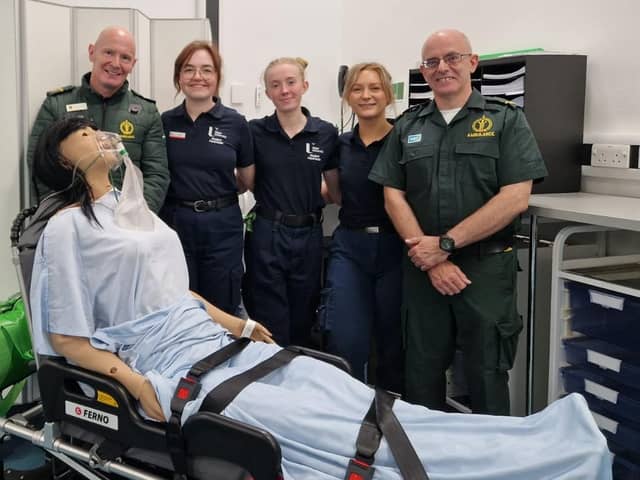 L-R: Gary Jones, Northern Ireland Ambulance Service lead practice educator, with students Katie Durey from Derry, Sarah Graham from Ballyronan, Magherafelt and Megan Hazelton from Dungannon with Stephen Carlisle, NIAS.