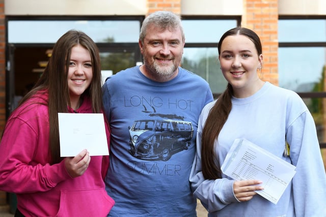 Senior teacher Greg White pictured with students Kayla Anderson and Lauren Doherty when they collected their GCSE results at Thornhill College.