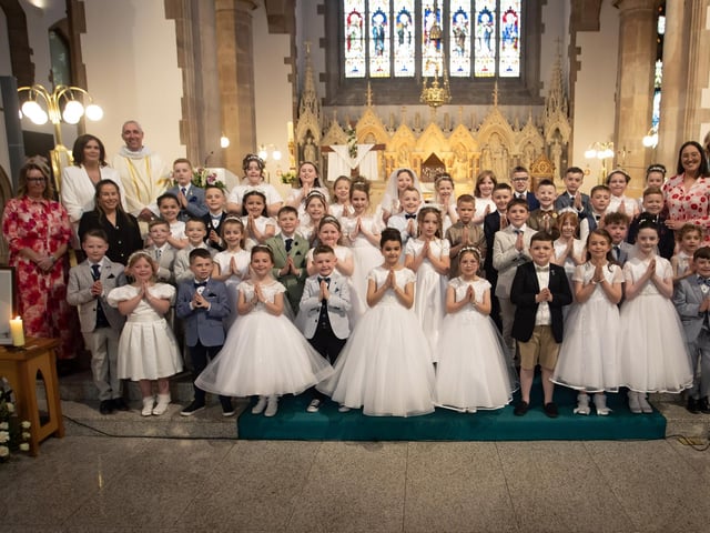 Pupils from Rosemount Primary School who received the Sacrament of First Holy Communion from Fr. Paul Farren at St. Eugene's Cathedral on Friday last. (Photos: Jim McCafferty Photography)