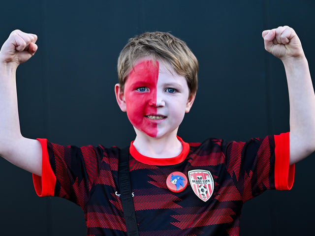 Derry City supporter Damhán Coyle, age 6, before the SSE Airtricity Men's Premier Division match between Derry City and Shamrock Rovers at Find Insurance Celtic Park in Derry. Photo by Ramsey Cardy/Sportsfile