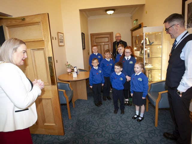 The Mayor of Derry City and Strabane District Council, Sandra Duffy pictured welcoming pupils from St. Paul’s PS School Council, Slievemore, Derry to the Guildhall on Monday morning last. At back is Principal, Mr. Gareth Blackery. (Photos: Jim McCafferty Photography)