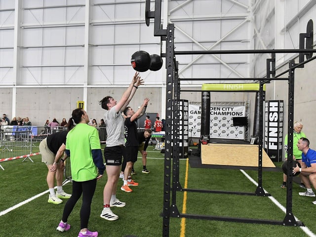 Competitors at the ‘Wall Ball’ station during the Maiden City Hyrox V Fitness Challenge held at Sean Dolans GAC on Saturday. Photograph: George Sweeney