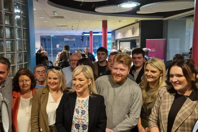 Sinn Fein leader in the north Michelle O'Neill with some of the candidates who have been voted in in Derry & Strabane.