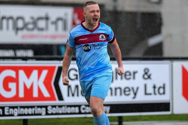 Mikhail Kennedy of Institute celebrates scoring a first half penalty against Portadown.  Photo: George Sweeney