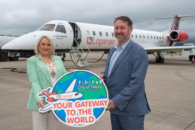Mayor Sandra Duffy with City of Derry Airport managing director Steve Frazer launching the new Heathrow service.