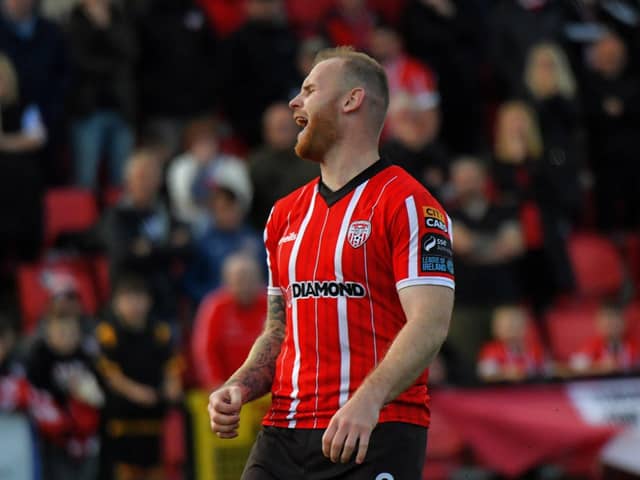 Derry City’s Mark Connolly reacts to his penalty miss in the shoot out defeat to St Patrick’s Athletic on Sunday evening. Photo: George Sweeney. DER2334GS – 15