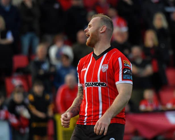 Derry City’s Mark Connolly reacts to his penalty miss in the shoot out defeat to St Patrick’s Athletic on Sunday evening. Photo: George Sweeney. DER2334GS – 15