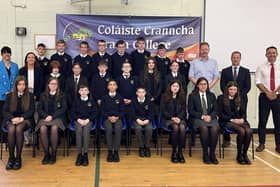 Crana College Principal Mr. Kevin Cooley, Deputy Principals Mr. Philip McGuinness and Ms. Sinead Anderson, First Year year head Ms. Sylvia McSheffrey along with tutors Mr. Toland, Mr. Meehan, Mr. McMullan and Ms. Reddin with First Year students for 2023/24.