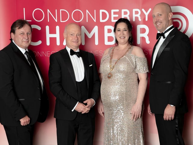 Leo Murphy, North West Regional College and Professor Paul Bartholomew, Ulster University, Chamber President Selina Horshi and US Consul General James Applegate