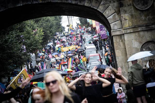 The Foyle Pride Parade making its way down Shipquay Street on Saturday. (Photos: Jim McCafferty Photography)