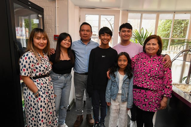 Khristine, Hannah, Joseph, Akio, Jason Paul, Kendra and Ralyn, pictured at the opening of Derry’s first Filipino restaurant, called Bahay Kusina, in the Craft Village, on Saturday afternoon. Photo: George Sweeney