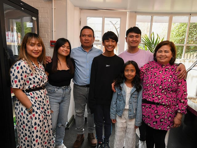 Khristine, Hannah, Joseph, Akio, Jason Paul, Kendra and Ralyn, pictured at the opening of Derry’s first Filipino restaurant, called Bahay Kusina, in the Craft Village, on Saturday afternoon. Photo: George Sweeney