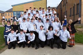 Year 14 Leavers pictuerd at St. Joseph's Boys School after a celebration Mass at the school on Thursday last. Included are teaching staff, Ms. Elaine McDermott, Ms. Jaqueline Lynch, Mrs. Margaret Ross and Ms. Fiona Atherton.