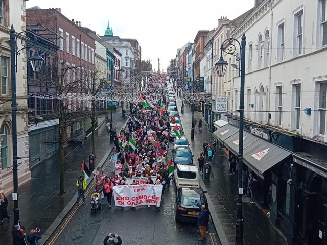 Thousands participate in Derry rally for Palestine calling for a ceasefire in Gaza on January 13, 2024