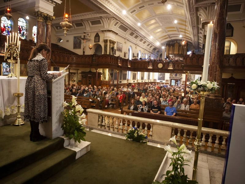 The first speaker at this year’s Sister Clare Retreat, teacher Martina Davidson, addresses the attendance in St. Columba’s Church, Long Tower on Monday evening.