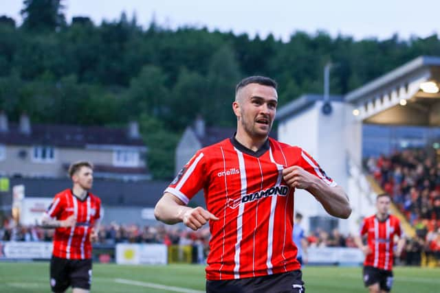 Michael Duffy celebrates the first of two goals against UCD. Photograph by Kevin Moore.