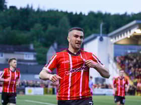 Michael Duffy celebrates the first of two goals against UCD. Photograph by Kevin Moore.