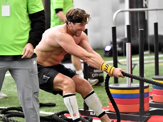 Vinny Sweeney at the Sled Pull during the Maiden City Hyrox V Fitness Challenge held at Sean Dolans GAC on Saturday. Photograph: George Sweeney
