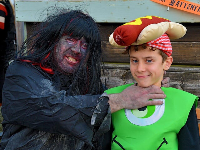 Harry Connaughton with his dad Henry at the Mullan Hope Centre’s Spooky Halloween Markets, in Moville, on Sunday evening last.  Photo: George Sweeney.  DER2244GS – 058