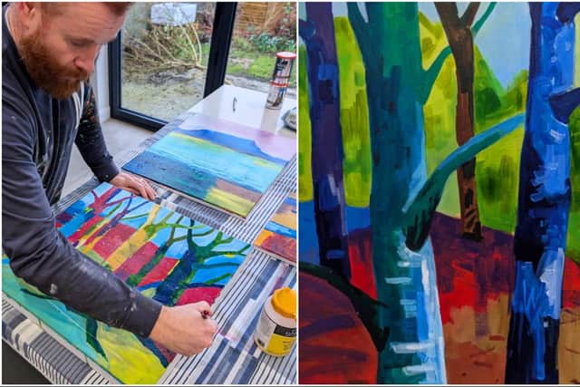 Artist John O'Flaherty-Lynch in the studio and a detail from one of his artworks.