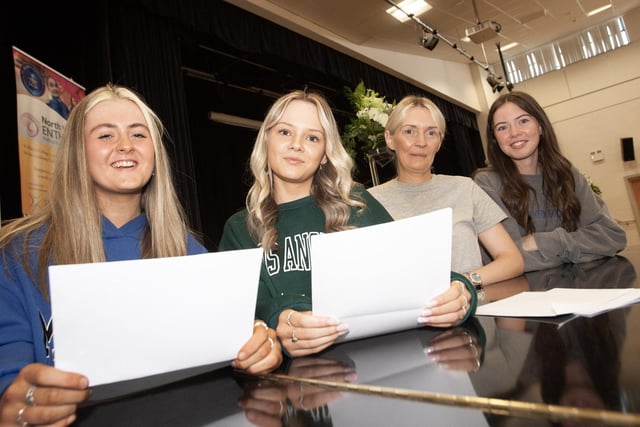 Pictured at St. Mary's College GCSE results on. Thursday, are from left, Emma O'Neill, Grace Lynch and her mum Erin and sister Daynah.
