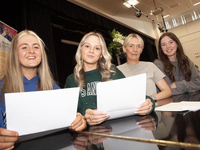 Pictured at St. Mary's College GCSE results on. Thursday, are from left, Emma O'Neill, Grace Lynch and her mum Erin and sister Daynah.