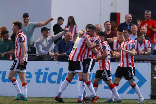 Match winner Michael Duffy celebrates his late goal against Bohemians at Brandywell on Friday night (Photo: Kevin Moore)