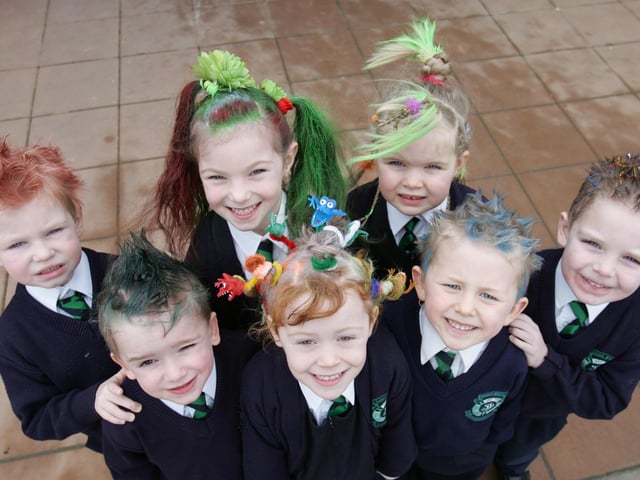 Front from left are Mark Gallagher, Caitlin Gallagher and Patrick Cosgrove. Back, from left are Cianan O'Connell, Shannon Walsh, Olivia Bradley and Jason Logue. (1801C06) : St Patrick's Primary School's Bad Hair Day from 2005.