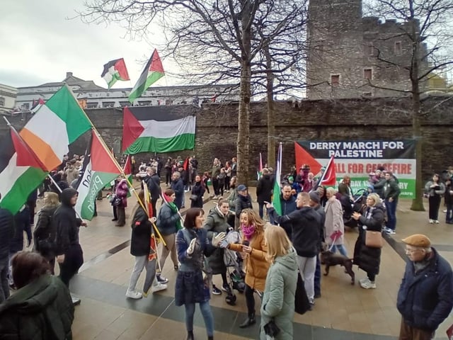 Thousands participate in Derry rally for Palestine calling for a ceasefire in Gaza on January 13, 2024