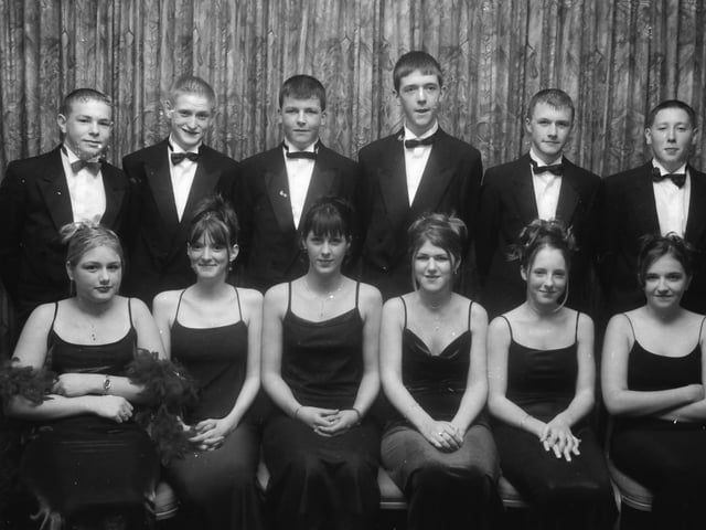 Front, from left, are Alison Simpson, Ashleigh Cloete, Gillian Pearson, Catriona Doherty, Sara Lyttle and Kathleen Kerr. Back, from left, are David Watson, Craig Curry, Andrew Nutt, Graham Sadler, Christopher Anderson and Simon Loughrey at the Clondermott High School Annual Formal in November 1999.