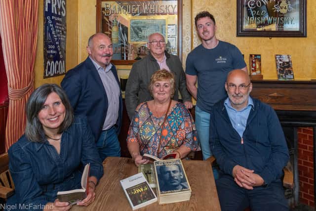 Discussing Steinbeck at Frank Owens Bar, Limavady: Back Row: Harry Coates, Dougie Bartlett, Terence Owens. Front Row: Sharon Colhoun (RVACC), Rita Deans and Paul Campbell. Photo: Nigel McFarland.