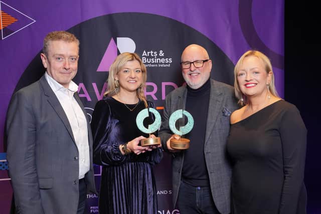 Damian McParland, Chair, Arts and Business NI; Erin McFeely and John Harkin, Alchemy Technology Services (Business of the Year) and Mary Nagele, CEO, Arts and Business NI