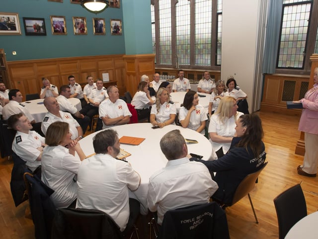 FSR AT GUILDHALL. . . . .The Mayor of Derry City and Strabane District Council, Sandra Duffy addressing members of the Foyle Search and Rescue at a function in the Guildhall on Wednesday evening to mark their 30th anniversary. (Photos: Jim McCafferty Photography)