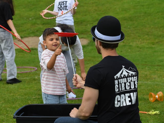 Miles Keogh enjoys the activities at the North West Migrant Forum’s Fun Day held in Brooke Park on Sunday. Photo: George Sweeney
