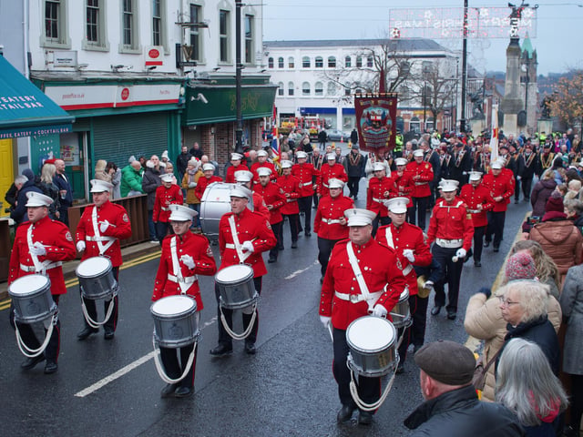 Bandsmen celebrate the ‘Shutting of the Gates’ when 13 apprentices slammed the gates of Derry in the face of King James II of England's men in December 1688.