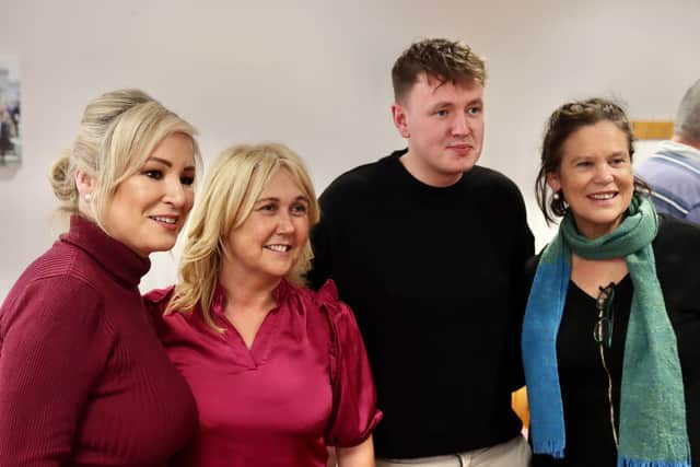 Foyle MLAs Ciara Ferguson and Pádraig Delargy with First Minister designate Michelle O'Neill and Sinn Féin President Mary Lou McDonald at Stormont on Thursday.