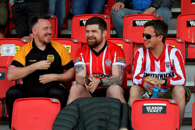Derry City fans at the game against Shelbourne in the Ryan McBride Brandywell Stadium. Photo: George Sweeney. DER2321GS - 72