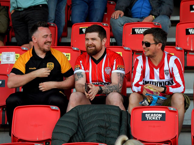 Derry City fans at the game against Shelbourne in the Ryan McBride Brandywell Stadium. Photo: George Sweeney. DER2321GS - 72