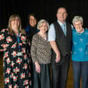 L-R: Participants at the Millennium Forum Tea Dance pictured with Shona Mc Eleney (Glendermott Medical Practice), Lisa Heaney (Millennium Forum), Dougie Breslin, Amanda Kennedy (Millennium Forum) and Rosemary McBrearty (Millennium Forum) pictured at a recent Dementia Friendly Tea Dance.