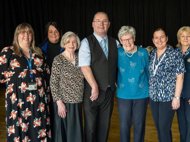 L-R: Participants at the Millennium Forum Tea Dance pictured with Shona Mc Eleney (Glendermott Medical Practice), Lisa Heaney (Millennium Forum), Dougie Breslin, Amanda Kennedy (Millennium Forum) and Rosemary McBrearty (Millennium Forum) pictured at a recent Dementia Friendly Tea Dance.