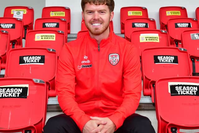 Derry City's new signing Jacob Davenport is all smiles as he's unveiled at Brandywell this week. Photograph by Kevin Morrison.