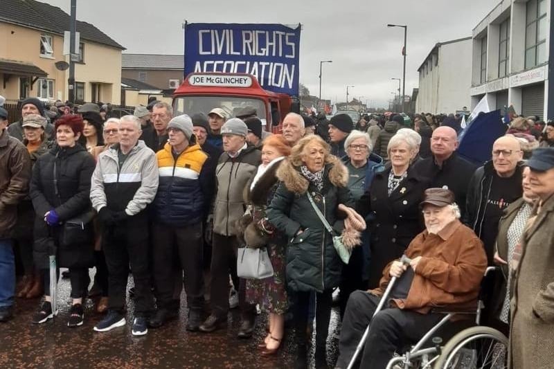 Dermie and comrades recreate a photograph from the original Bloody Sunday anti-internment march on the 50th anniversary of the massacred in January.